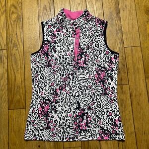 Tail Golf Polo Shirt Womens XS Sleeveless Pink Animal Print Mock Neck Snap Top